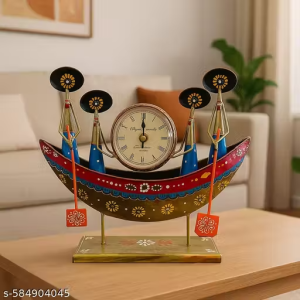 Ship With Clock Showpiece For Table Decor,Home, Office Desk & Study Table, Metal Showpiece for Gifts Size 12*9 Inch
