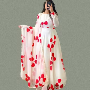 Festive Red Printed Gown with Dupatta