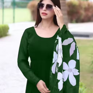 Stylesh New Look Attractive Georgette Beutiful Gwon Plain Heway Flower Printed Kurti with Dupatta