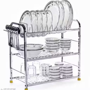 Maxtan Stainless Steel 3 Shelf Wall Mount Kitchen Utensils Rack | Dish Rack with Plate & Cutlery Stand | Modular Kitchen Storage Rack | Kitchen Organizer (18×18) inches