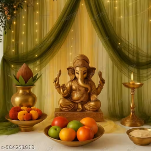 Ganesh Chaturthi Background Decoration | Ganpati Decoration With Green & Yellow Net & Led Light | | Ganesh Pooja Decoration Kit | Pack Of 7 PC |