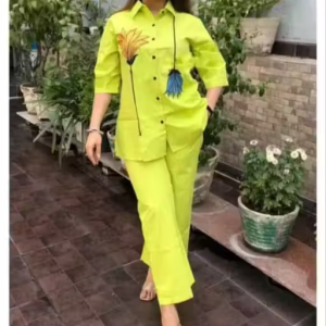 Stylish Flower Embroidered Cord Set for Girls | Girls Shirt and Pant Set | Trendy Women’s Outfit | Fashionable Co ord Set | Embroidered Co-ord Set (Lemon)