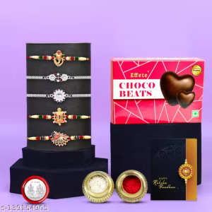 Effete Rakhi Set Of 5 & Chocolate Choco Beats 32Gm With Pooja Coin, Roli Chawal & Greeting Card | Occasion | Rakhi For Brother With Gift | Handmade Rakhi |Rakhi Combo For Brother | Stylish Rakhi For Brother (K5_NC2_CB32)