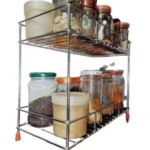 “Strong Stainless Steel 2-Layer Kitchen Storage Rack | Dish Drying Stand, Plate Organizer, Vegetable Basket & Spice Holder Shelf