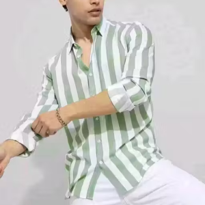 Men’s New Trendy Casual Slim Fit Striped Printed Green and White Shirt for Boys and Men (Pack of 1)