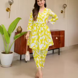Greenish Yellow Floral Tulip Premium Cotton Co-ord