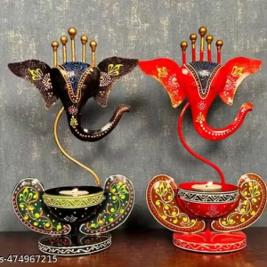 Malik Designs Set of Two Ganesha Tealight Candle Holders – Red and Brown Irons Table Décor for Diwali, Pooja Room, and Corporate Gifts