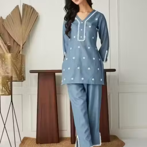 Premium Cotton Slub Coord Set for Summer, Embroidered Top and Palazzo