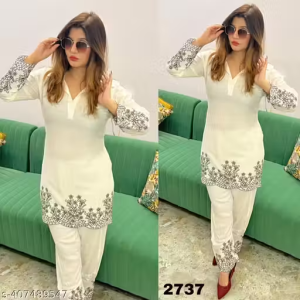Rayon Embroidered Co-ord set women and girls white top and bottom