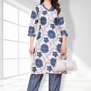 BEAUTIFUL PRINTED BLUE FLAWER WOMEN COTTON KURTA ,PANT SET