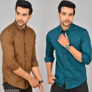 Hems Trends Men’ s Solid Spread Collar Khakhi Shirts Pack 2
