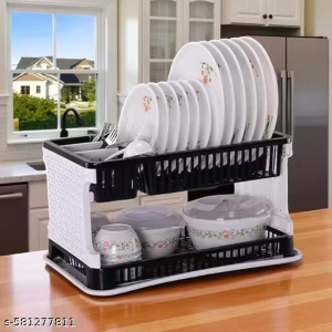 2 Layer Kitchen Sink Dish Rack with Plastic Tray & Spoon Holder – Big Size Dish Drainer