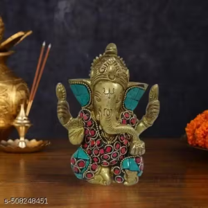 Sunpic Multicolor Brass Ganesha Brass Gem Stone Work Ganesha Statue for Home and Decor Brass Ganesh Murti for Pooja Room Ganpati Idol for Home Entrace Decor