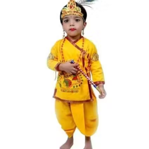 PK HUB Kids Cotton Yellow Krishna Style Kurta & Dhoti Dress (Pack Of 8-Kurta,Dhoti,Bansuri,Mukut,Kundal, bauband, mor pankh , mala)