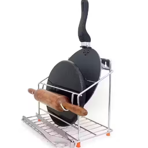 SALASAR Stainless Steel Belan and Chakla Stand, Belan Tava Rolling Pin Holder, Heavyweight, Durable Chakla Holder for Kitchen, 4in1 Kitchen Rack