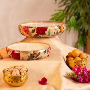 Scented Printed Metal Urli – 5 Inch | Mogra Fragrance | Decorative Aromatherapy Bowl with Wax Candle | Festive Table Decor for Diwali, Weddings, Gifting & Home Styling