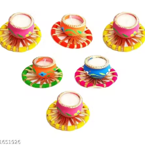 Kanak Decor Set of 6 Pieces Handmade Wax Filled Matki Diyas With Holder for Lighting Decoration on Diwali Colourful Wax Diyas Candles for Puja/Wax Candle for Diwali Decoration
