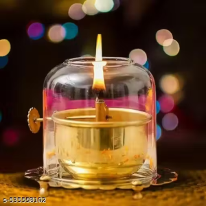 Gold Brass Akhand Diya 3.5″ inch with Lifting Screw for Puja with Glass Cover, Borosilicate Glass Diya with Handle, Gold Lid Lamp for Jyoti Lighting Diwali Pooja