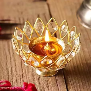 Brass Diya for Puja Crystal Deepak Diwali Decor Akhand Diya Small Pooja Articles (3 Inches)