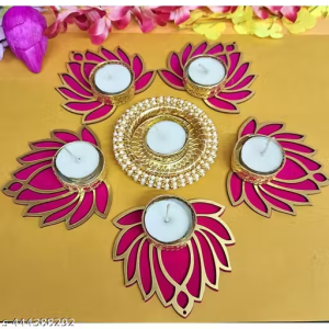 Handmade Lottus Diwali Tealight Candle Holder with Centre Rangoli Diya Set of 6| Ltotus Reusables Rangoli for Floor|Tealight Candle Holder/Diya for Home,Navratri,Wedding Decoration