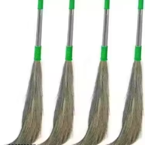 THREE STONE- (Pack of 4) Steel Pipe Kleen Sweep Natural Grass Broom Stick for Home Cleaning | Phool Jhadu with 18 cm Long Handle | Housekeeping & Cleaning Supplies Product for House & Office