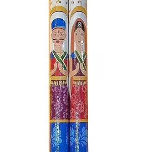 Anshri (Pack of 1 Pair) Printed Raja Rani Pairs Dandiya Sticks for Dance | Navratri Dancing Stick for Playing Garba | Garba Wooden Dandiya Sticks | Garba Stick With Silver Color Coin (Multicolor)