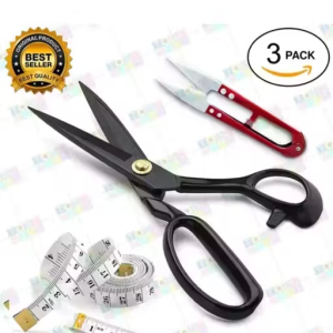 Black Color Premium Professional Scissor with Rubber Handle Grip Used for Tailoring Sewing Clothes Cutting Paper cutting for home and office use Size 10 inch scissor + Cutter and Inchi Tape