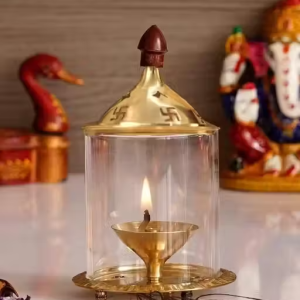 Golden Akhand deep Diya WIth Cover high quality Brass, Glass Table Diya