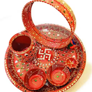 Rockfield Stainless Steel Karwa Chauth Pooja Thali Set (Red) (Thali Size 12″) | Karwa Chauth Set | Thali Set for Karwa Chauth | Karwachauth Pooja Thali Set | Karwachauth Set | Karwachauth Thali Set