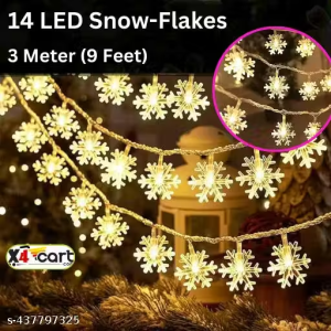 14 LED Yellow Snowflake String Lights, 3m Steady Warm Light – Ideal for Christmas Decorations, Home Decor, Room Decoration, Ganesh Decoration, and Artificial Plants