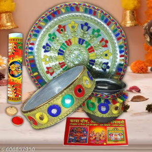 Complete Karwa Chauth Pooja Thali Set Including Decorative Thali, Lota, Chalni, Calendar, Vrat Katha Book, Roli Akshat & Puja Samagri – Traditional Karwachauth Kit for Women to Celebrate Karva Chauth Festival in Elegant Style