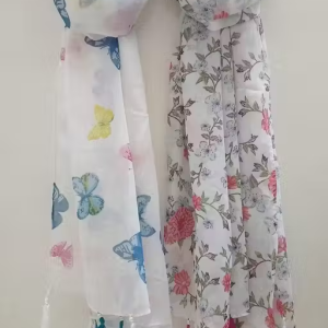 Fancy floral print Premium Quality Chiffon multicolor stoles scarves with Pearls and tassels for Women ladies and girls- Pack of 2 (SBPinkCreper & Butterfly Packof 2)