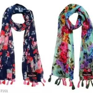 StoleVilla™ Women’s Printed Chiffon Multicolored Scarf and Stoles with Tassels – Set of 2 (STF090)