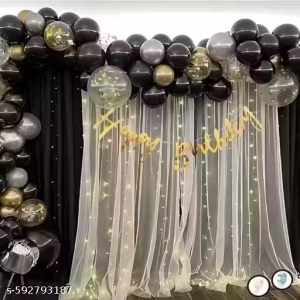 Happy Birthday” decoration kit, likely containing a mix of black, gold, and possibly white or gray balloons, a “Happy Birthday” banner
