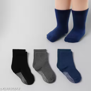SYGA 3 Pairs Baby Ankle Socks – Soft Cotton Blend with Anti-Slip Grip in Bold & Neutral Shades for 1-3 Years(Black, Dark Grey, Dark Blue)