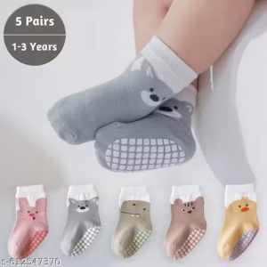 SYGA 3 Pairs Baby Anti-Slip Animal Cartoon Socks – Soft Cotton Crew Socks for 1-3 Year Infants (5 Different colors)
