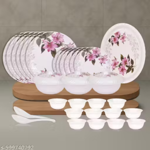 Apeiron Melamine Royal Pink Flower Print 33 PCS Dinner Set (6 Full Plate, 6 Half Plate, 12 Bowls, 3 Donga, 3 Donga Lid, 2 Serving Spoon, 1 Rice Plate)