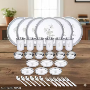 36-Piece Stainless Steel Dinner Set | 6 Plates, 6 Glasses, 12 Bowls, 6 Spoons & 6 Forks | Elegant Flower Design
