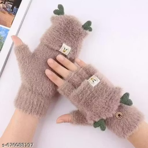 Fashionverse Winter Knit Half Fingers Cute Mitten Convertible Fashion Gloves Soft Plush Thickened Warm Typing Halloween Gloves with Touchscreen Fingerless Wool Arm Gloves Free Size Brown