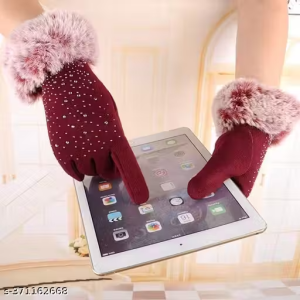 Tomorrow Women’s Winter gloves Soft Warm Touch Screen Gloves for Cold Weather Windproof Covered Finger faux fur on the inner for cold weather Women Cute design Plush Fur Cuff Stone Crafted