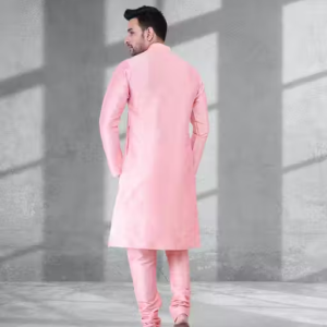 Sadree Men’s SIlk Blend Kurta Pajama Set|Full Sleeve|Round Neck|Knee Length Kurta|Churidar Pajama|Pink Kurta Pyjama set
