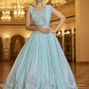 Sky Colour Embroidered Attractive Party Wear Lehenga Choli.