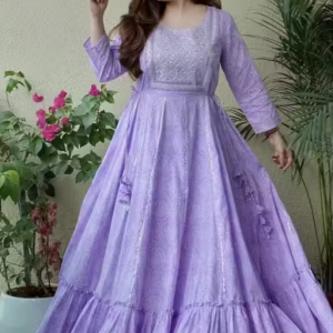 The Gajva Printed Embroidery Work Anarkali Gown,Purple