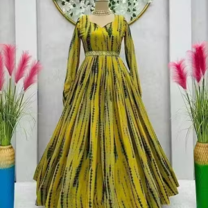 TRENDING MUSTARD COLOR AJRAKH PRINT GOWN