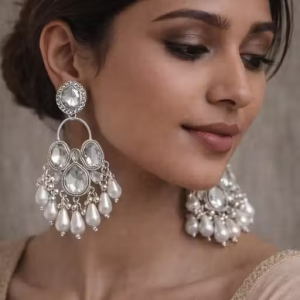 Silver Plated Pearl Drop Chandbali Earrings for Women | Crystal Stone Studded Long Dangler Earrings | Bridal Wedding Party Wear Ethnic Jewellery