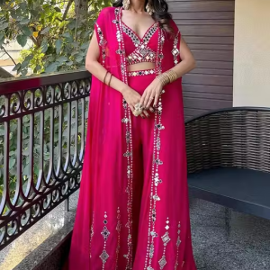 Women’s Georgette Mirror Embroidered Crop Top Lehenga With Shrug Set