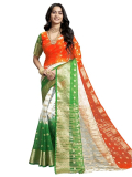 Satrani Women’s Oraganza Printed & Jacquard Border Independence Day Special Tricolor Tiranga Saree With Unstitched Blouse Piece, just 599.