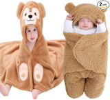 First Kick Baby Blankets New Born Combo Pack of Hooded Wrapper Durable Flannel Wool Sleeping Bag and Baby Bath Towel for 0-6 Months Baby Boys and Baby Girls Pack of 2 Camel Monkey