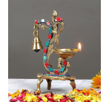 Ethnic Carved Peacock Design Brass Diya with Bell Two Moustaches Gemstone Work , Brass Antique Oil Lamp, Diyas for Home , Size – 8 Inches , Standard , Pack of 1
