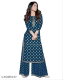 The premium printed Rayon Latest trend kurti comfortable feel ultimate highlited Printed design stunning look women kurta with palazzo set, just 332.
